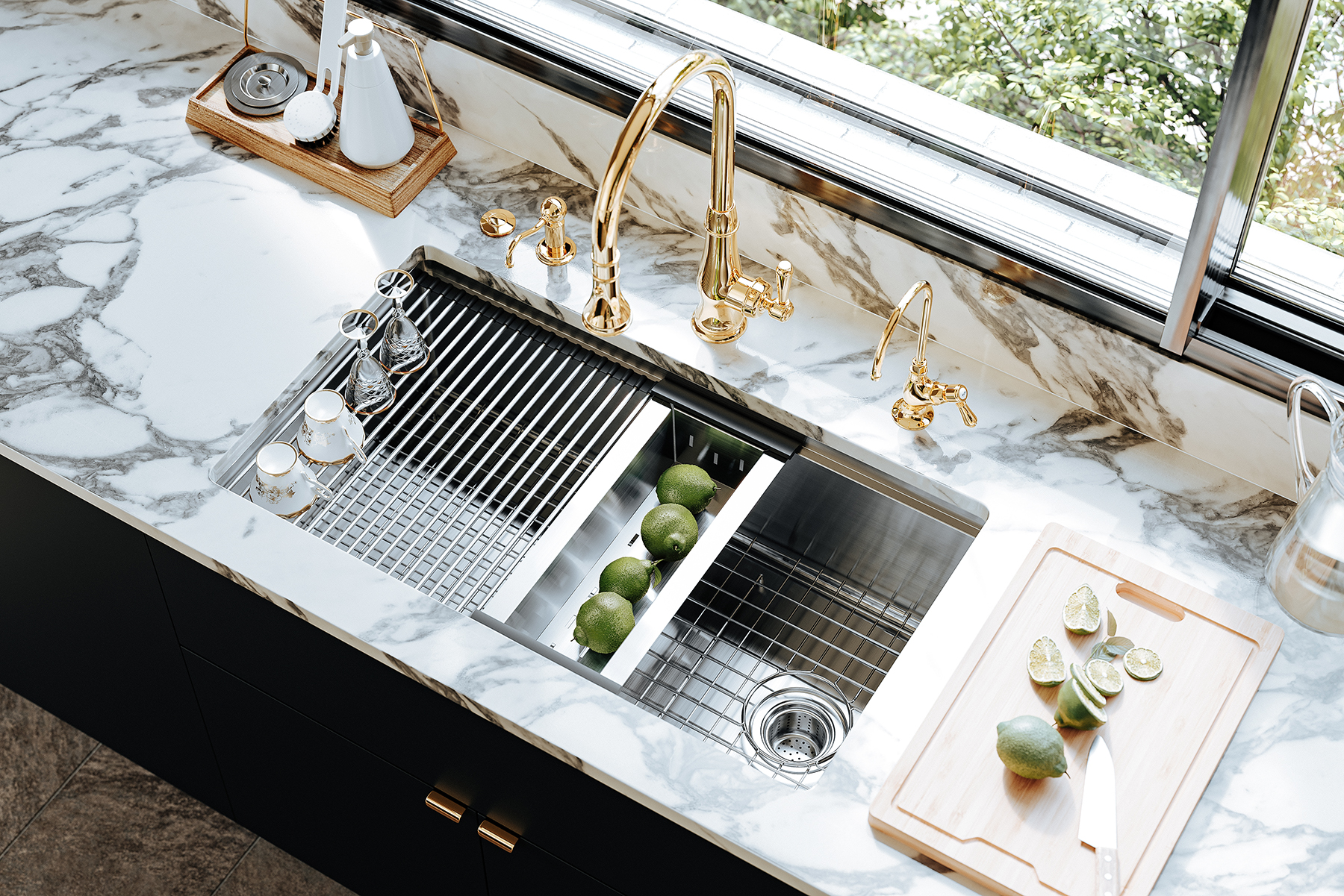 Gold kitchen faucet with white marble countertops viewed from above