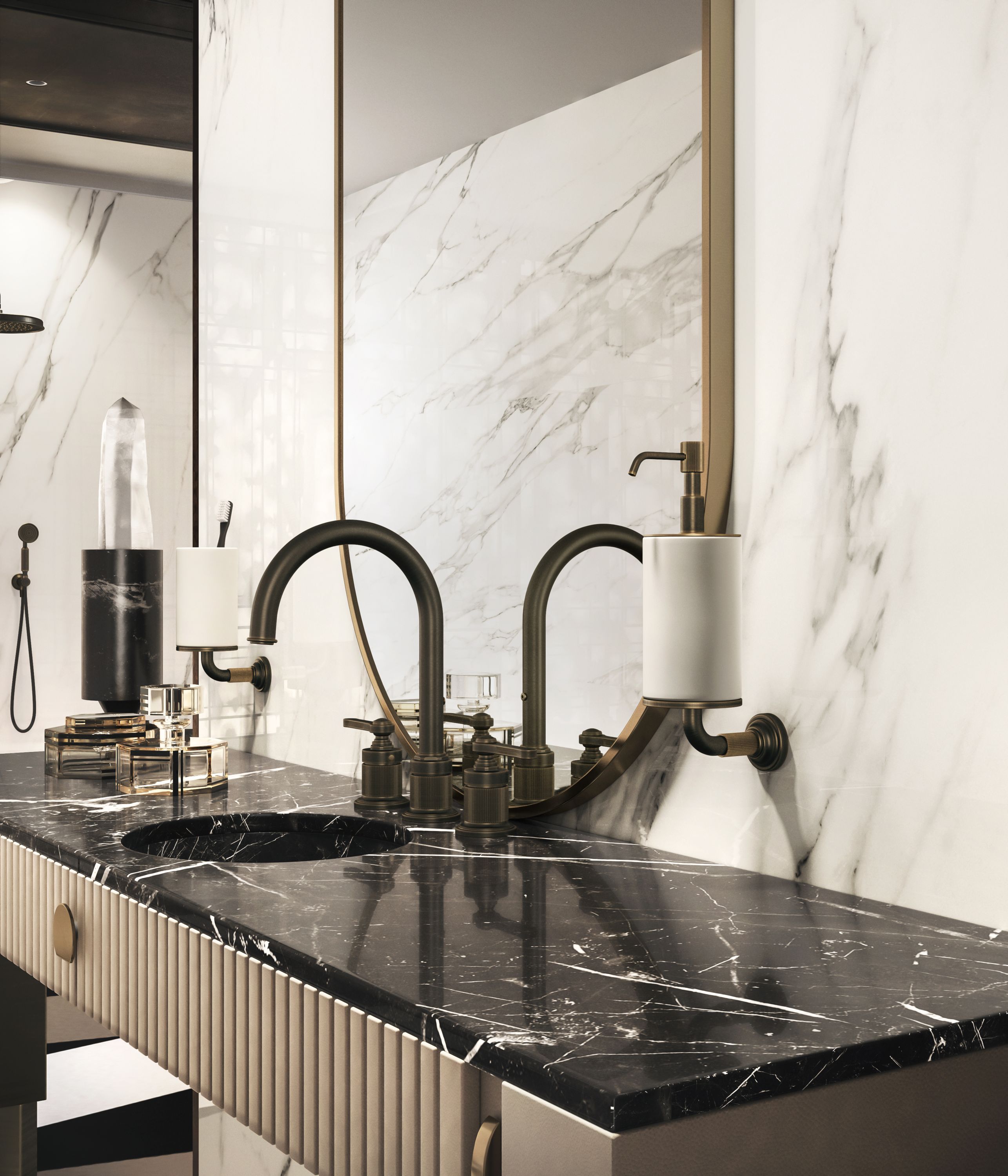 Gold-edged mirror with black faucet and black countertop and sink in bathroom