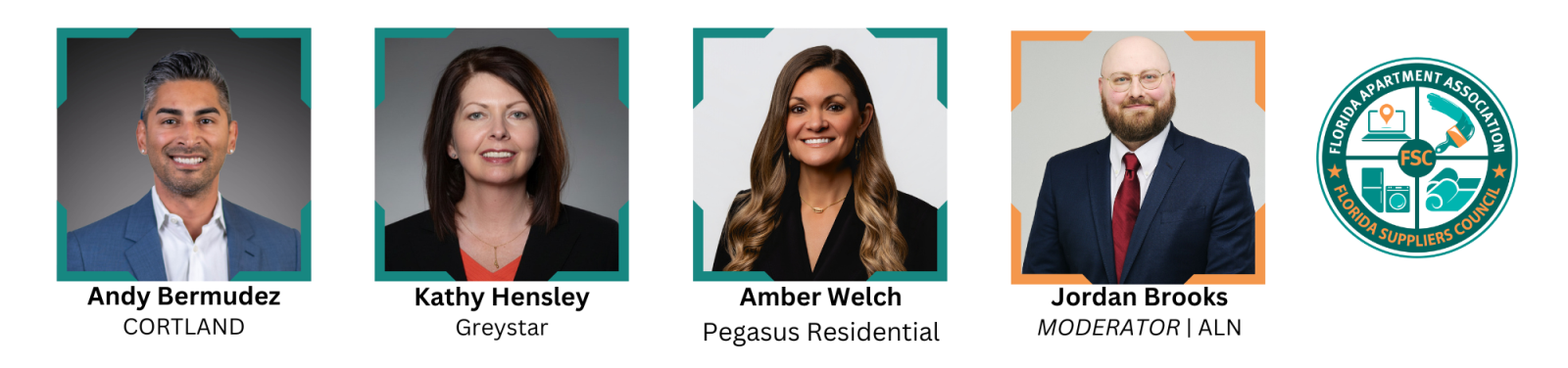 Image with the FSC Panel Headshots. Panelists include Amber Welch, Andy Bermudez, Kathy Hensley, and Jordan Brooks.