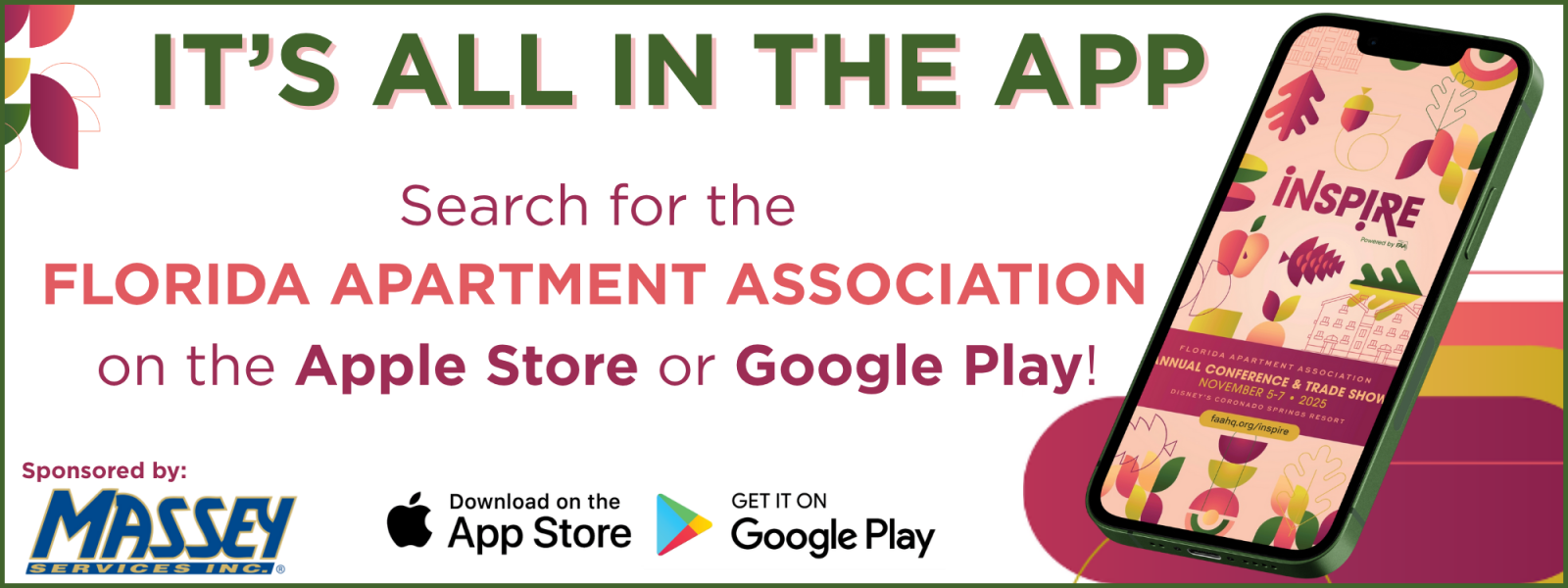 Mobile App Banner Ad - Encourages attendees to search FLORIDA APARTMENT ASSOCIATION on Apple Store or Google Play