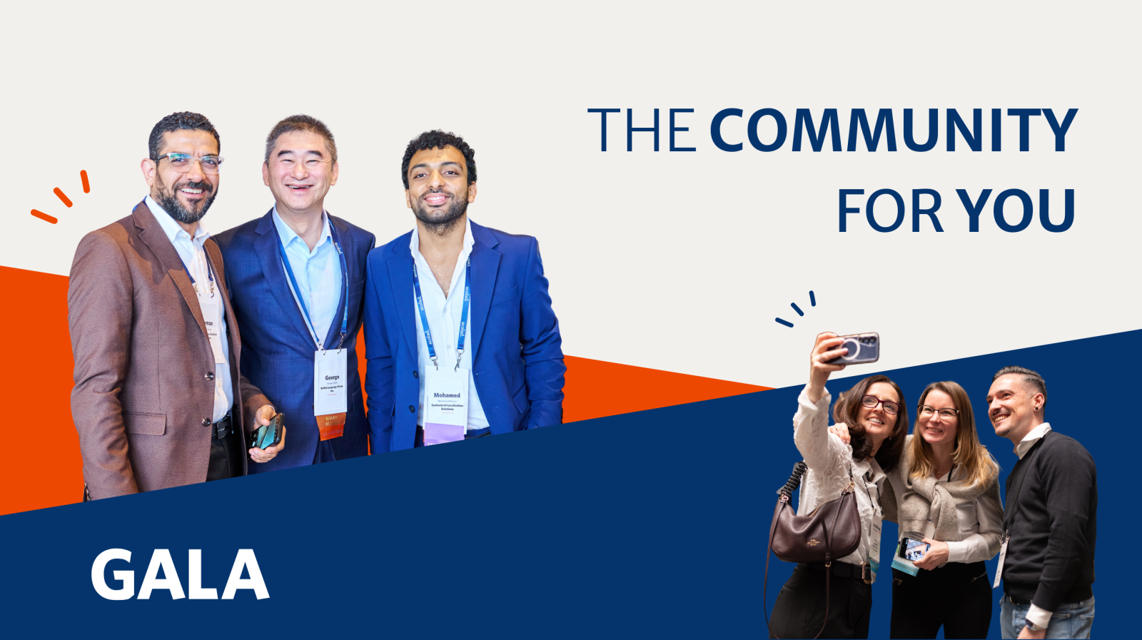 edited image of two groups of professionals smiling with the phrase: GALA, the community for you