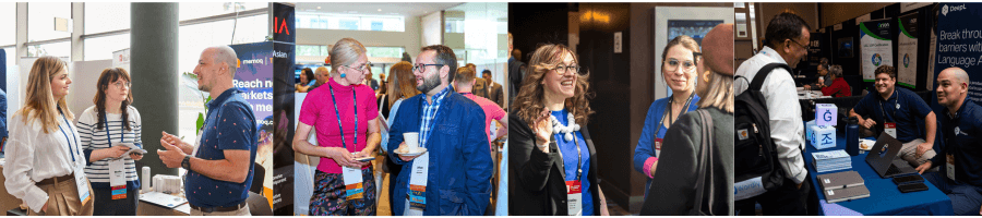 4 images of happy people interacting at exhibit booths at GALA conferences