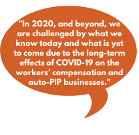 In 2020, and beyond, we are challenged by what we know today and what is yet to come due to the long-term effects of COVID-19 on the workers’ compensation and auto-PIP businesses.