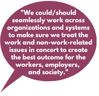  we could/should seamlessly work across organizations and systems to make sure we treat the work and non-work-related issues in concert to create the best outcome for the workers, employers, and society