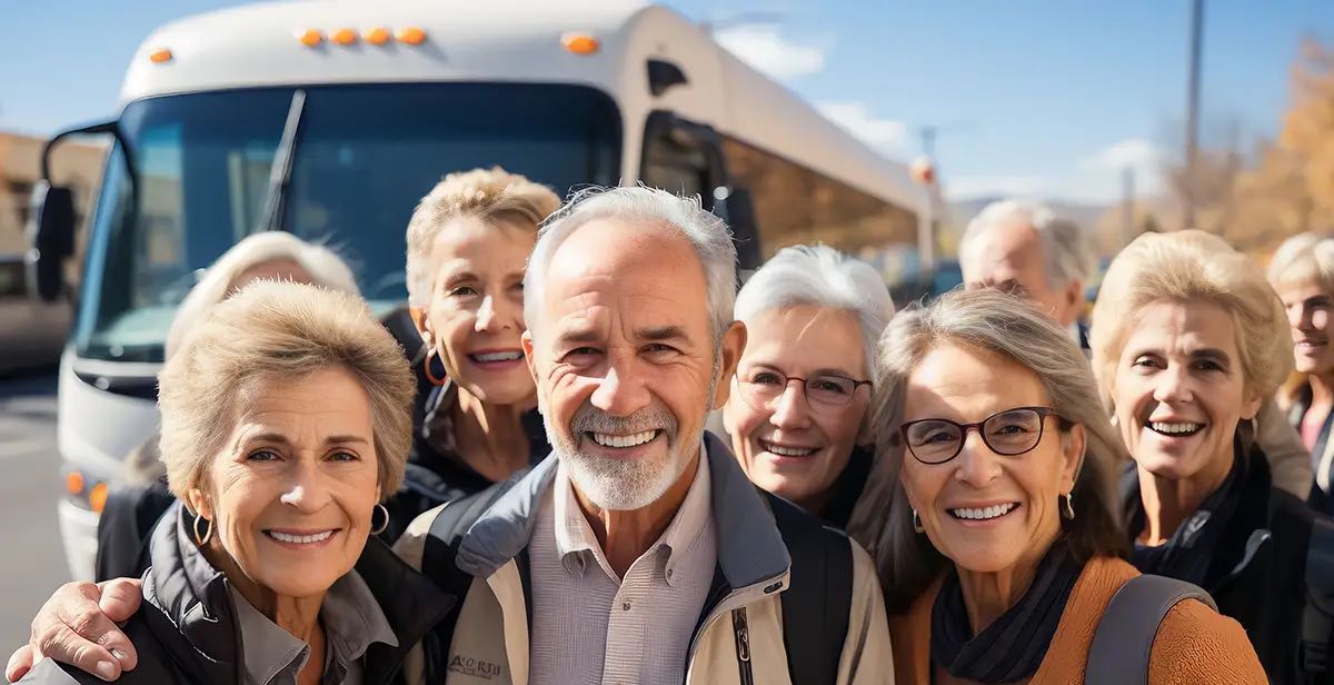 tour group in front of a bus