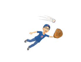 A cartoon image of Rob Dehnert wearing a Cubs shirt and catching a baseball