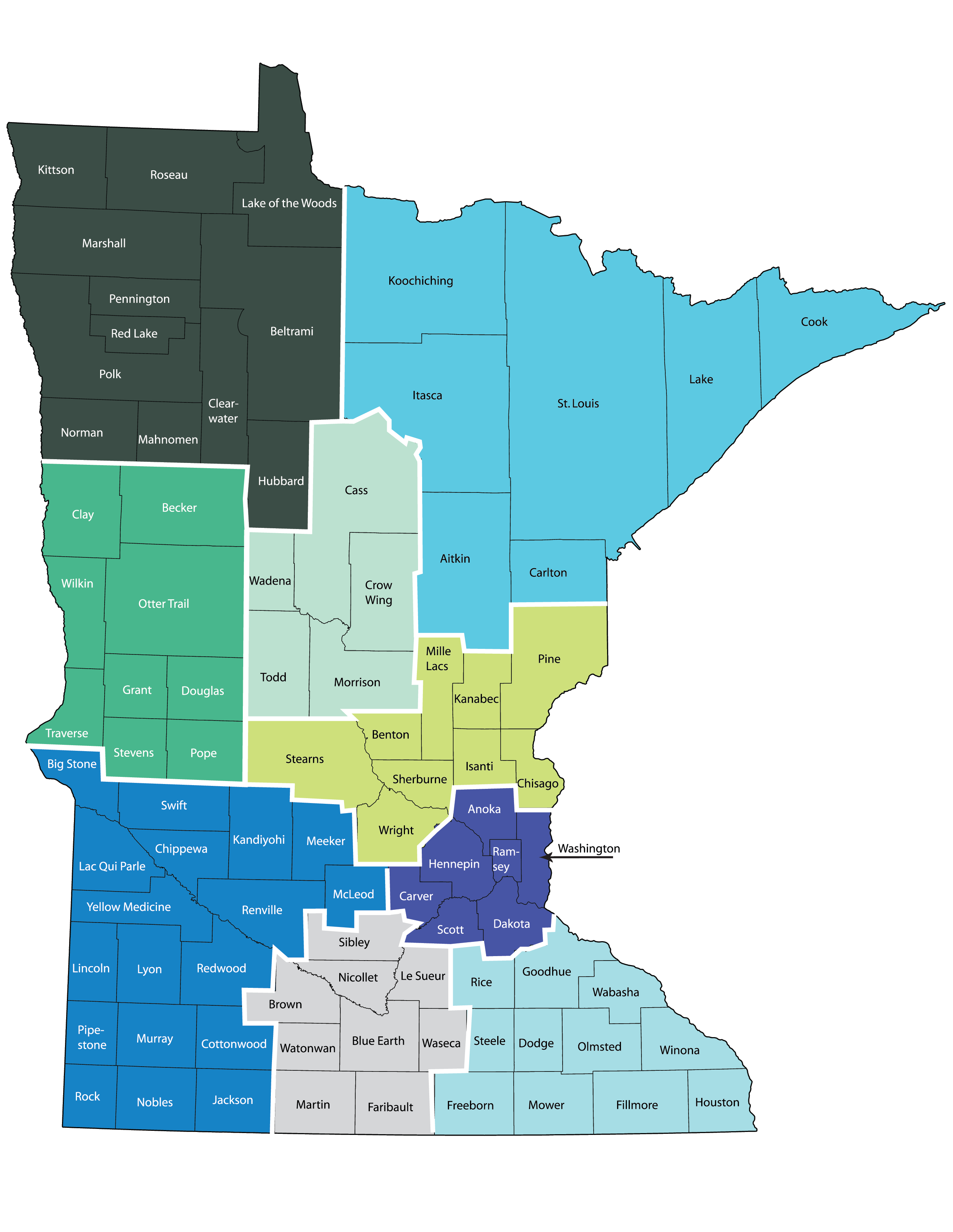 MASE Area Map of Minnesota showing Areas A through H by county