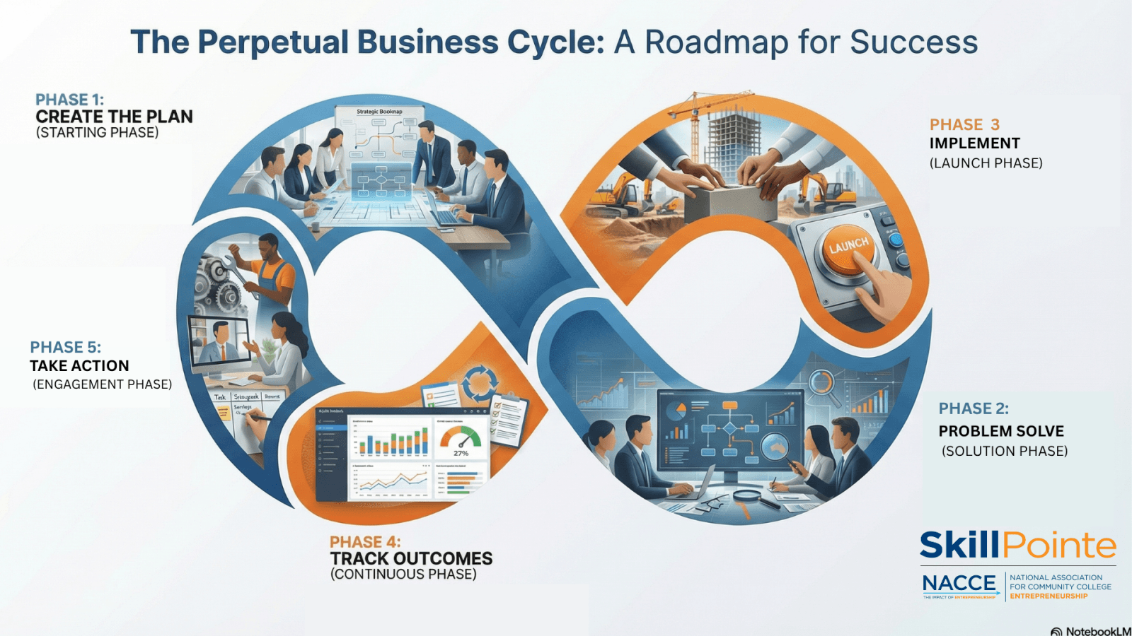 The Perpetual Business Cycle: A Roadmap for Success. 1: Create the plan. 2: Problem Solve. 3: Implement. 4: Track outcomes. 5: Take action.