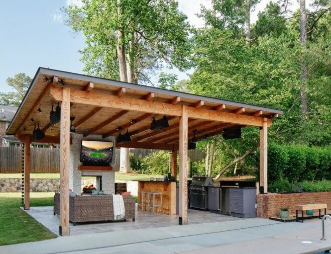 A covered patio with a television and a tableAI-generated content may be incorrect.