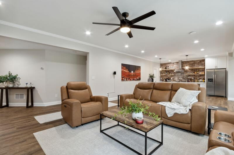 A living room with a couch and a coffee table
