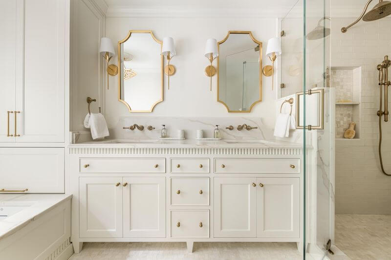 A bathroom with white cabinets and mirrorsAI-generated content may be incorrect.