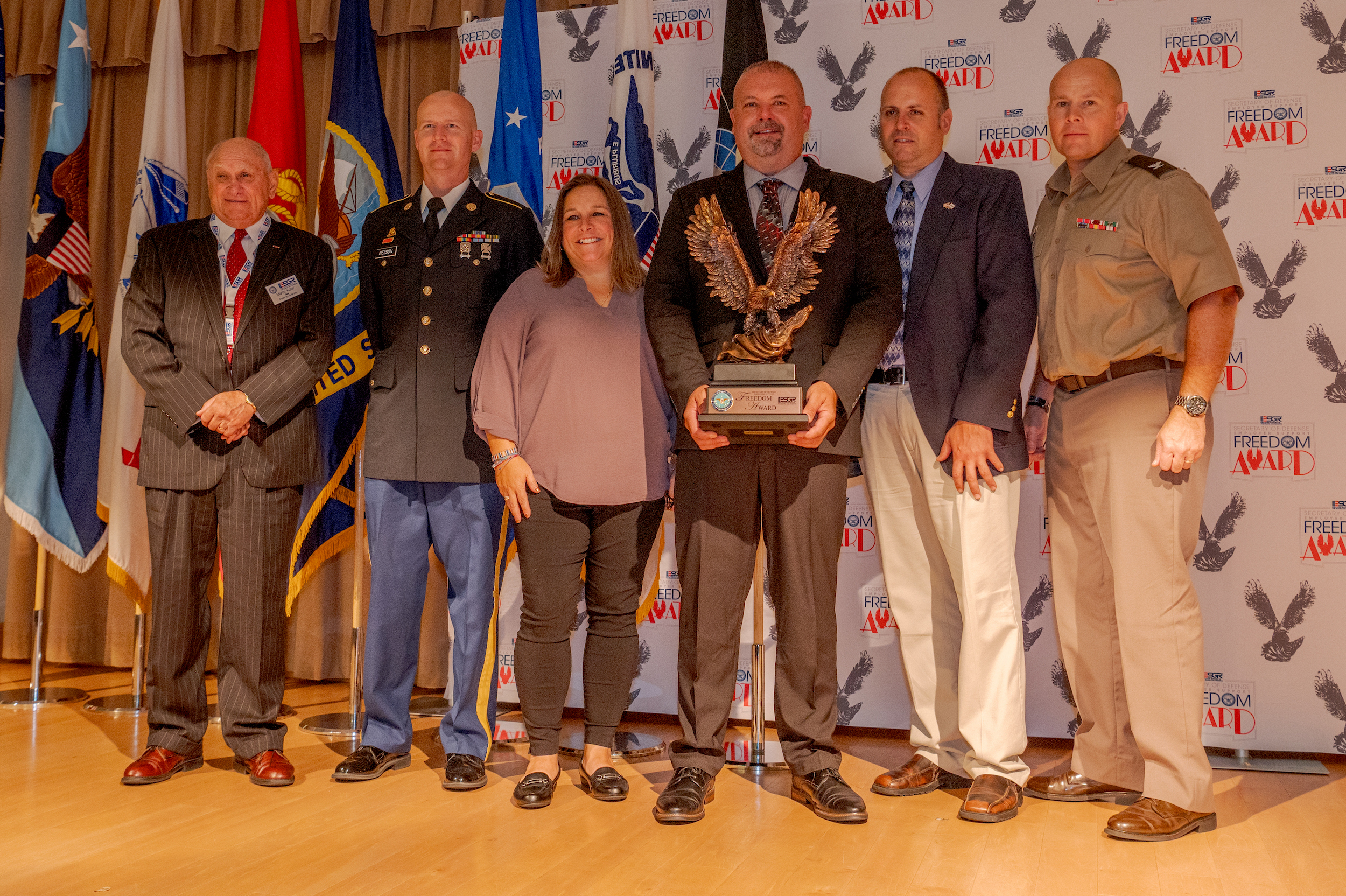 Marty Kuhar, Pennsylvania ESGR Chair; Staff Sgt. Cory Nelson; Heather Carbaugh, Human Resources Representative; Jason Stoner, General Manager; Marwin Eckstine, Plant Manager; and Pennsylvania Army National Guard Col. Jorgensen.