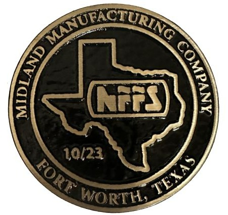 bronze medallion reading "Midland Manufacturing Company Fort Worth, Texas" with the NFFS logo inside an outline of the state of Texas