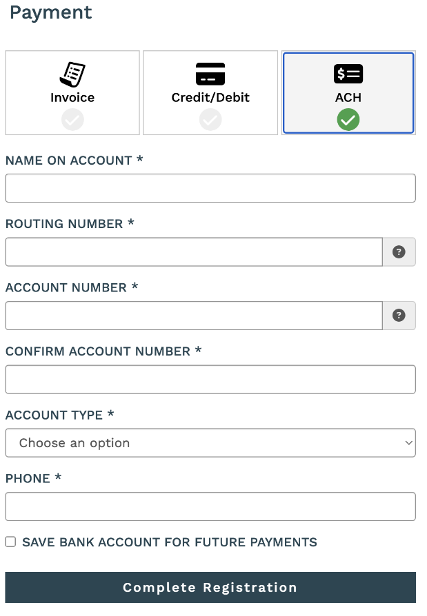 Payment screen at NFFS.org showing ACH payment option