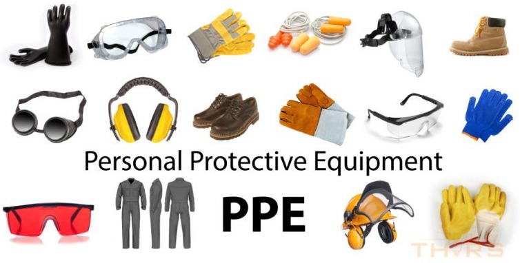 Text reading "Personal Protective Equipment PPE" surrounded by small images of PPE including gloves, goggles, boots, and ear protection