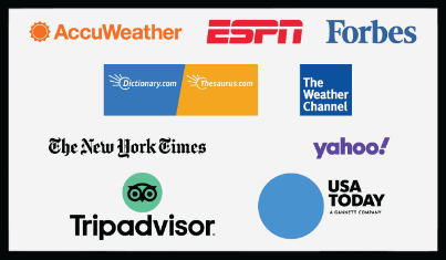 Logos for various websites including ESPN, Forbes, The Weather Channel, and the New York Times