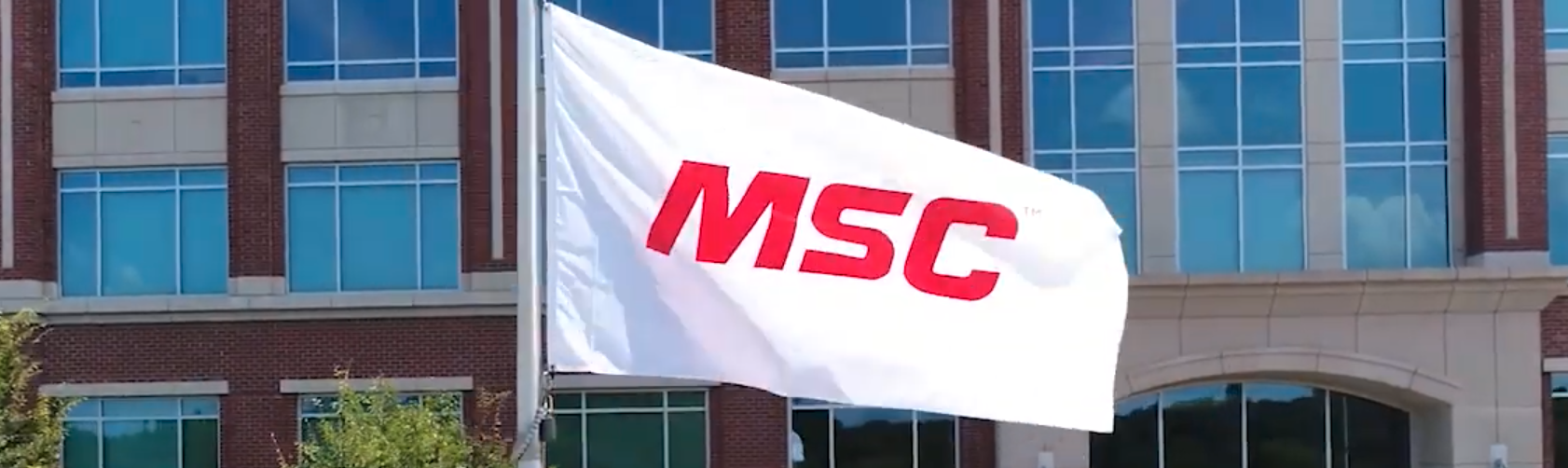 white flag with MSC logo in front of building