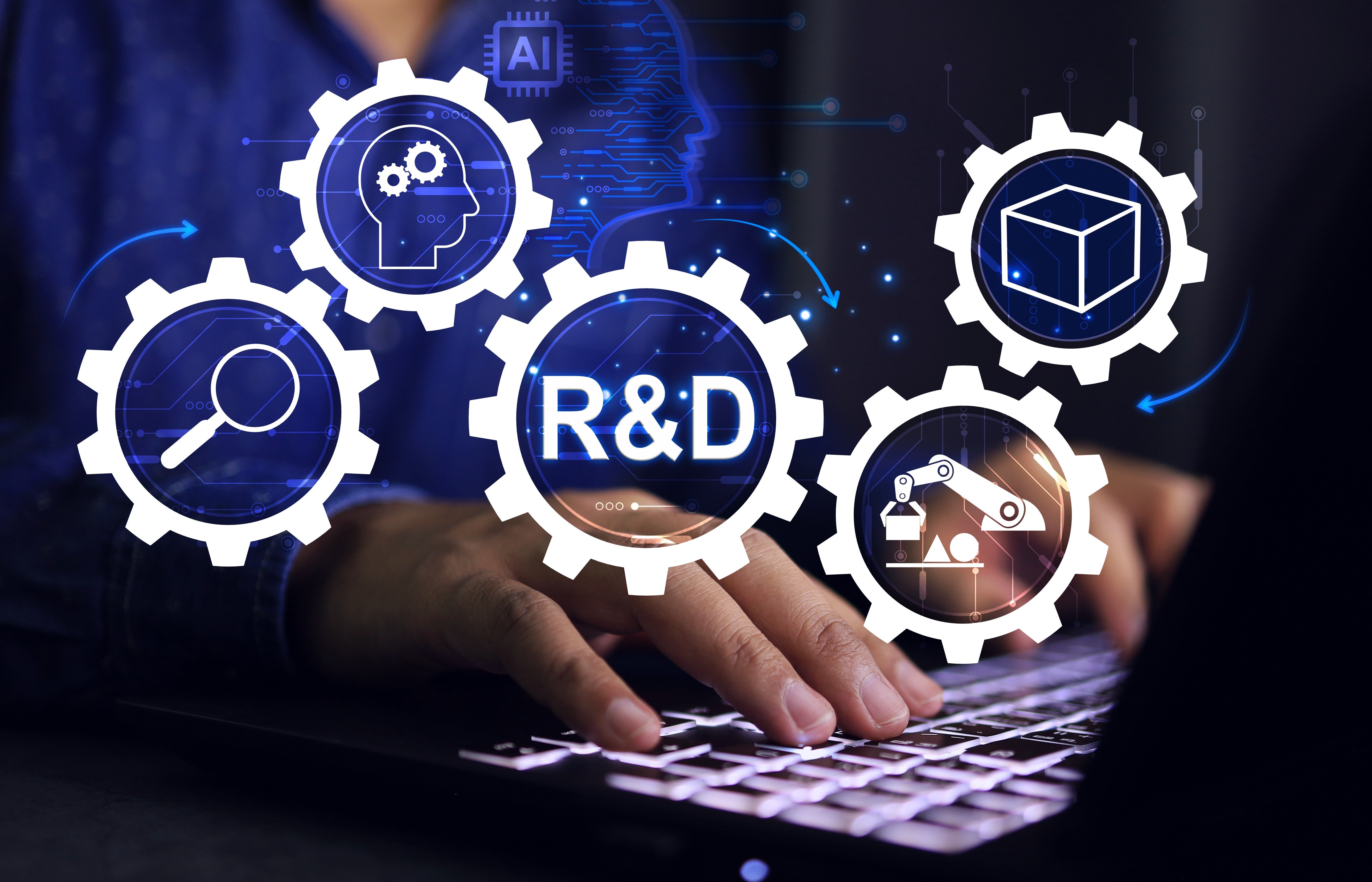 "R&D" surrounded by related icons (abstract)