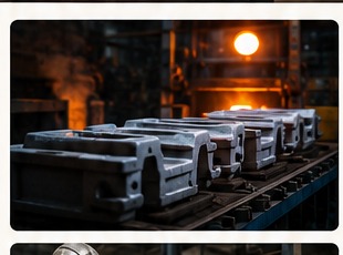 Freshly cast industrial components moving through a foundry production line