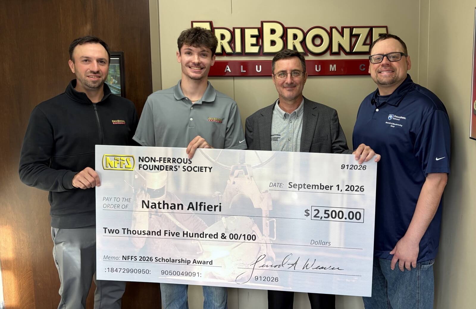 Nathan Alfieri and representatives at the NFFS scholarship presentation at Erie Bronze & Aluminum