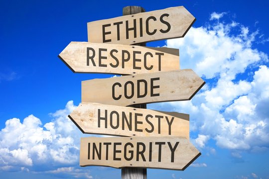 wooden arrow signs with the words Ethics, Respect, Code, Honesty, Integrity