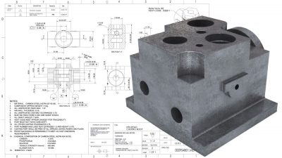 metal casting with engineering drawing in background