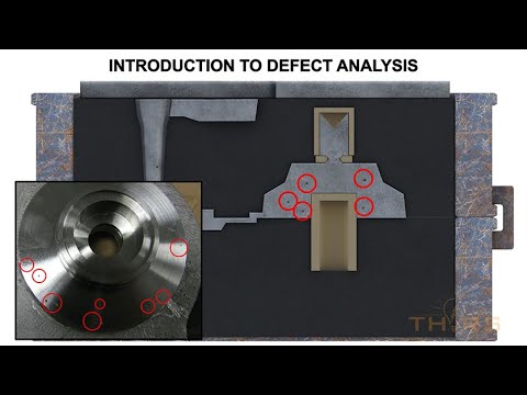 Slide with illustration of casting with defects circled in red, text reading "Intro to defect analysis"