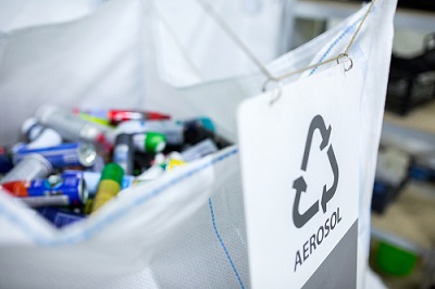 bin labeled "Aerosols" holding aerosol cans