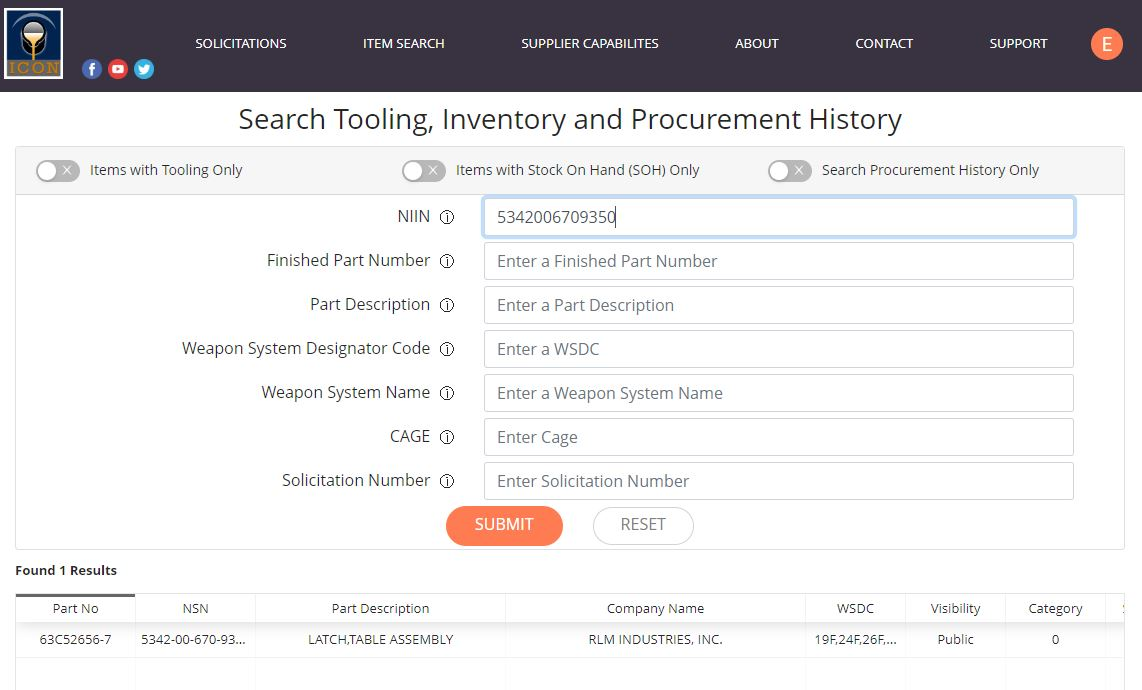 Screen capture of the Tooling Search tool in ICON 