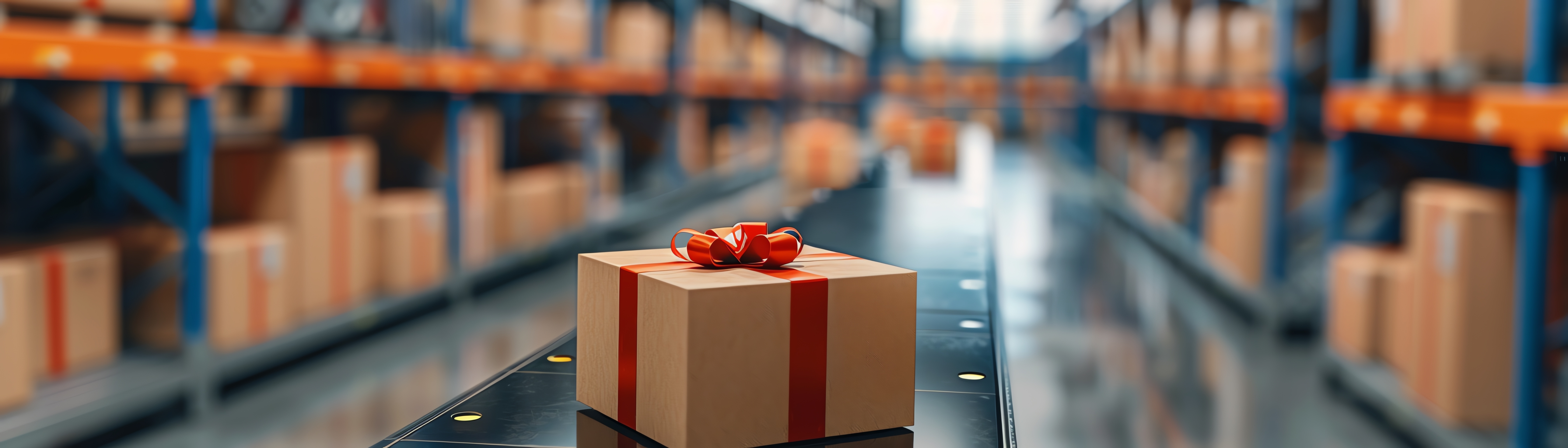 package on conveyor belt in warehouse with red bow