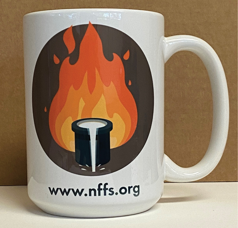 Back of coffee mug with flame and crucible design and "www.nffs.org"