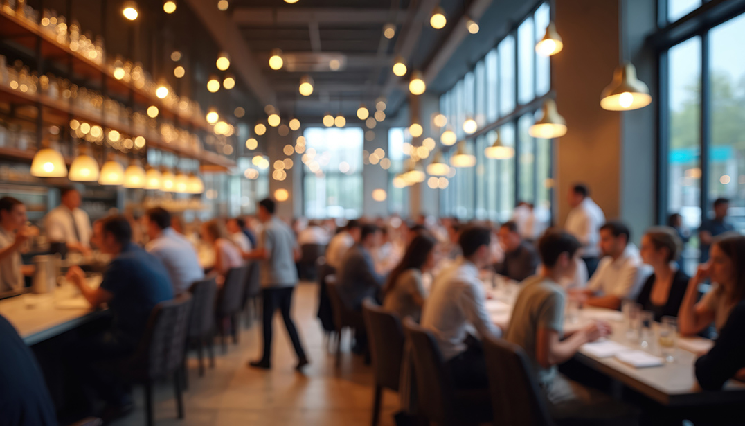 Many people sitting at tables inside a busy restaurant 