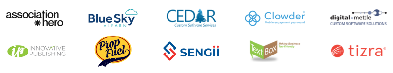 Block of sponsor logos. TextBox, Innovative Publishing, Digital Mettle, Tizra, Clowder, Association Hero, Blue Sky, Cedar Custom Software Solutions, PropFuel, Sengii