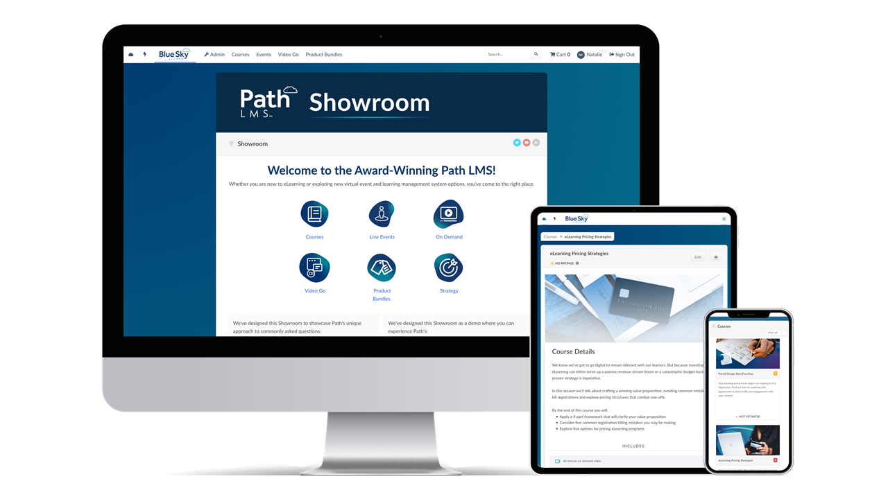 The mobile-responsive Path LMS shown on a desktop computer, tablet, and smart phone