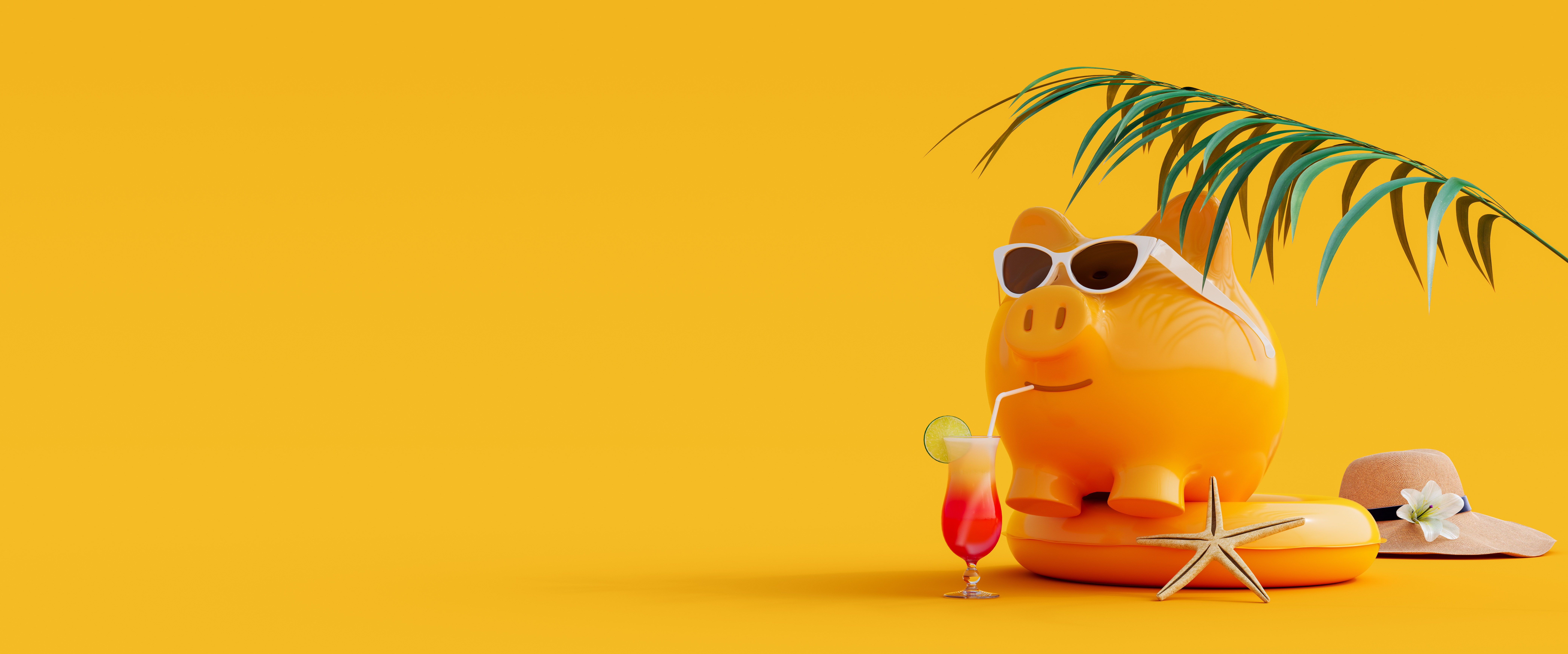 a piggy bank wears sunglasses, sips a fruity drink, and sits under a palm leaf among pool toys