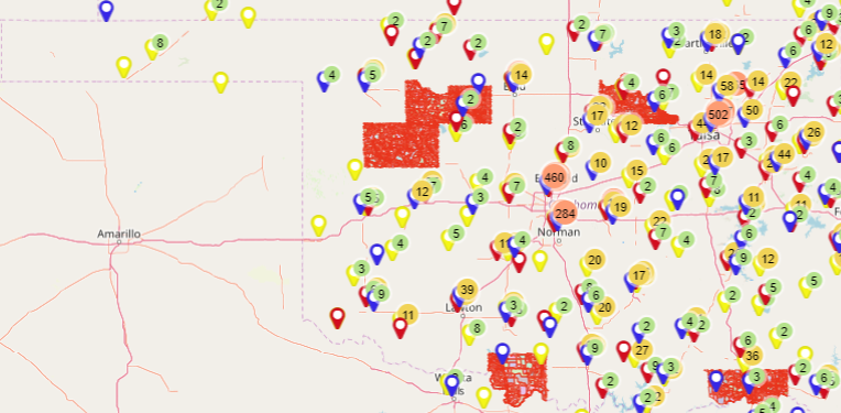 a map of active mental health clinician offices in Oklahoma