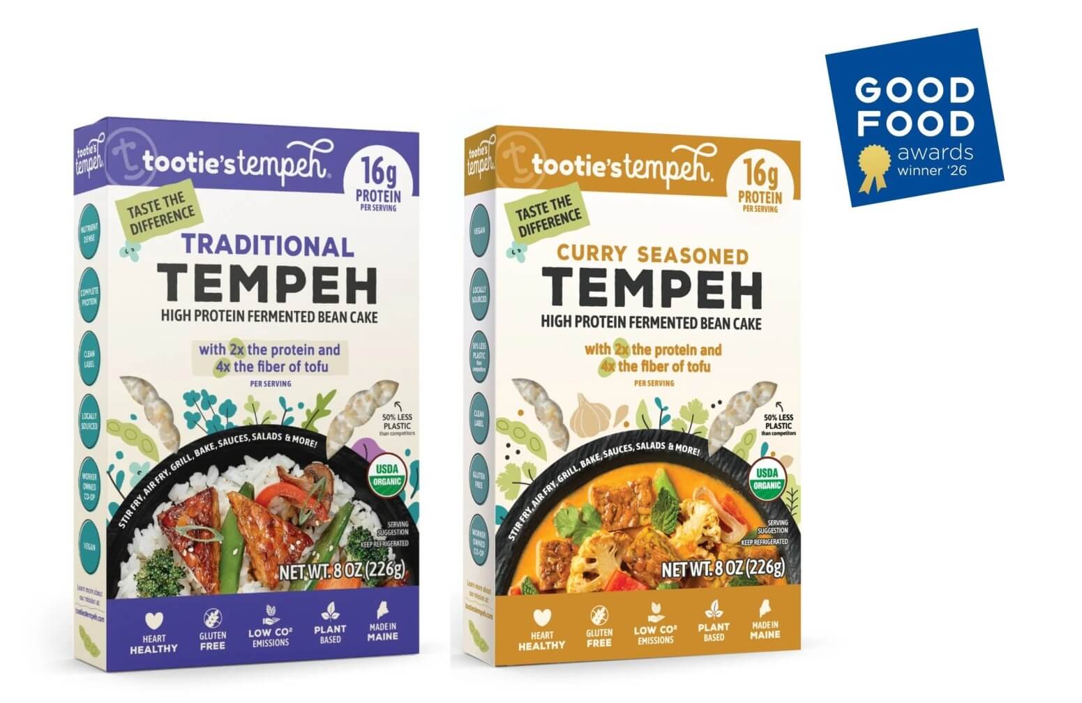 Boxes of Tootie's Tempeh products with the Good Food Award logo