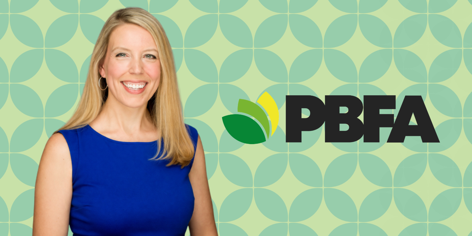 A smiling woman in a blue dress stands against a geometric green patterned background next to the PBFA logo, which features stylized leaves.