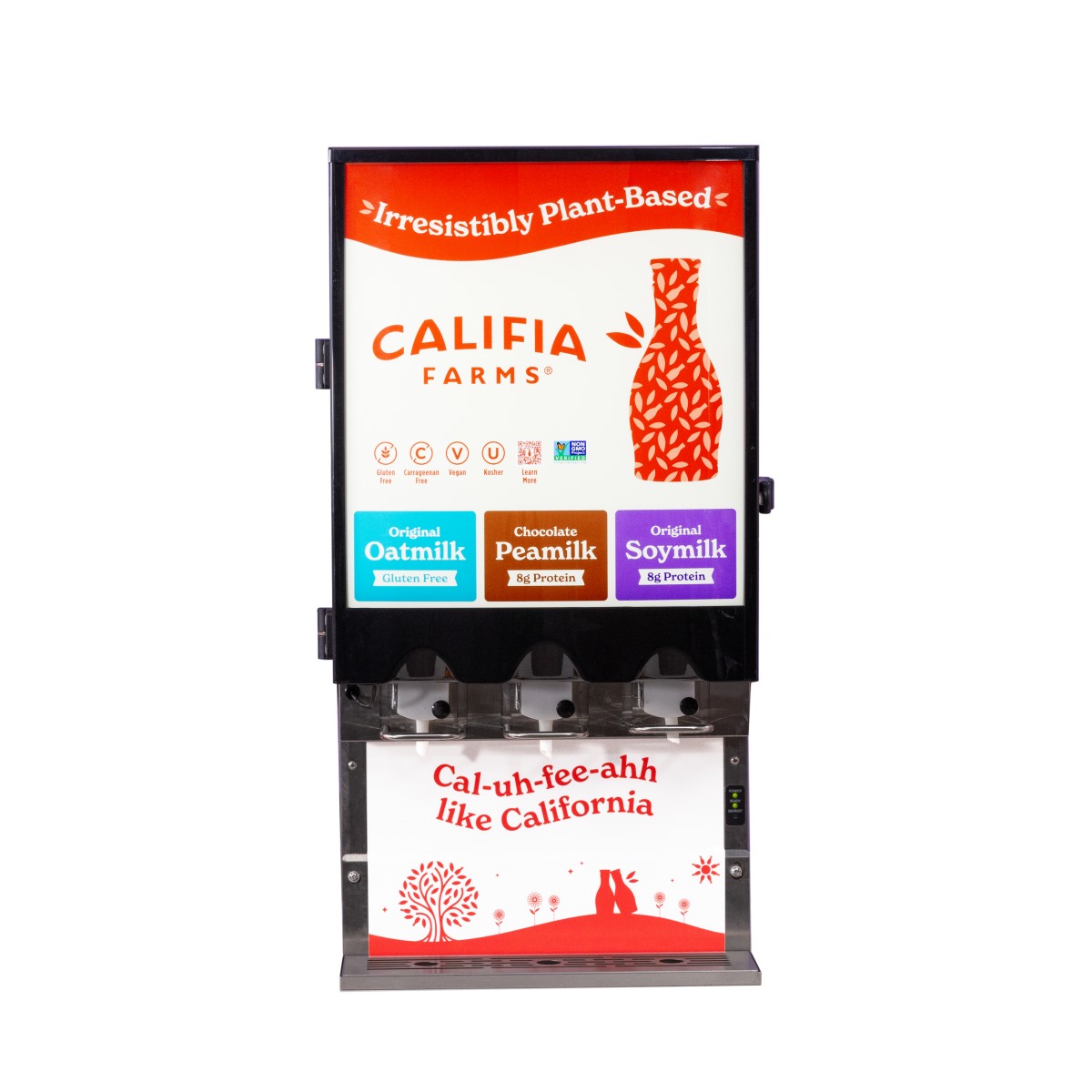 Califia Farms plant-based milk dispenser offering Oatmilk, Peamilk, and Soymilk. Vibrant design with red, orange, and white colors, conveying freshness.