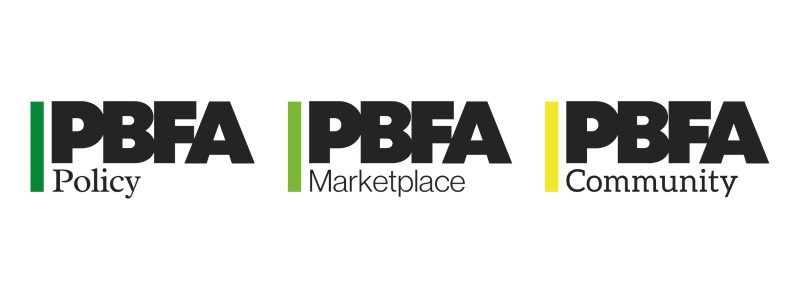 Brand extension sub-logos representing the three core pillars of PBFA’s programming: policy work (left), marketplace development (middle), and our member community (right).