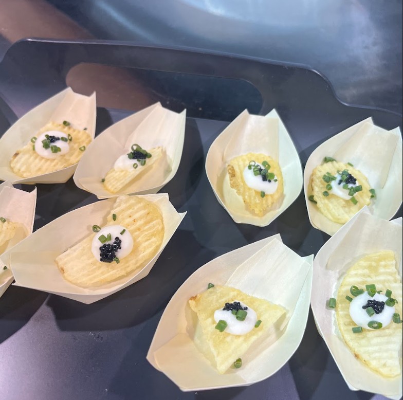 Chips with plant-based caviar samples