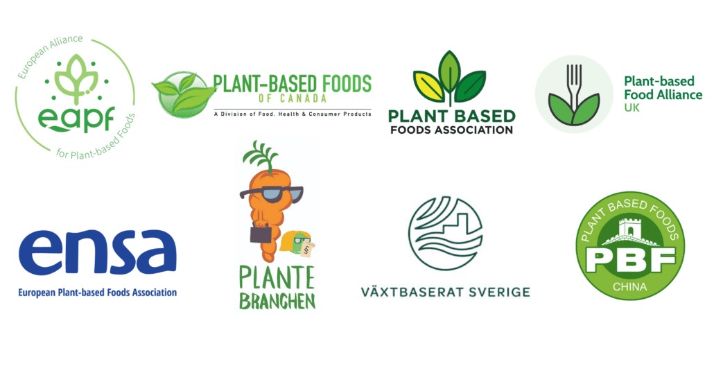 A white background featuring logos for eight international plant-based food organizations arranged in two rows. The top row includes EAPF (European Alliance for Plant-based Foods), Plant-Based Foods of Canada, Plant Based Foods Association, and Plant-based Food Alliance UK. The bottom row displays ENSA (European Plant-based Foods Association), Plante Branchen, Växtbaserat Sverige, and Plant Based Foods PBF China.