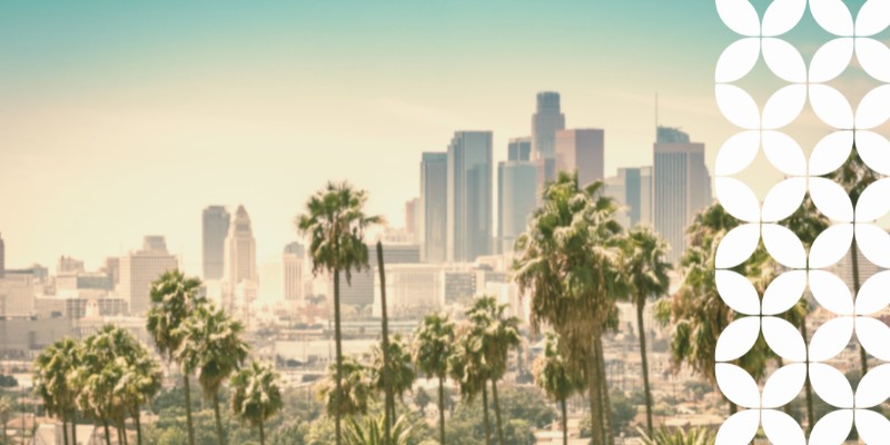 A distant, warm-toned view of the Los Angeles skyline with a row of tall palm trees lining the foreground. A white geometric pattern runs down the right border of the image.