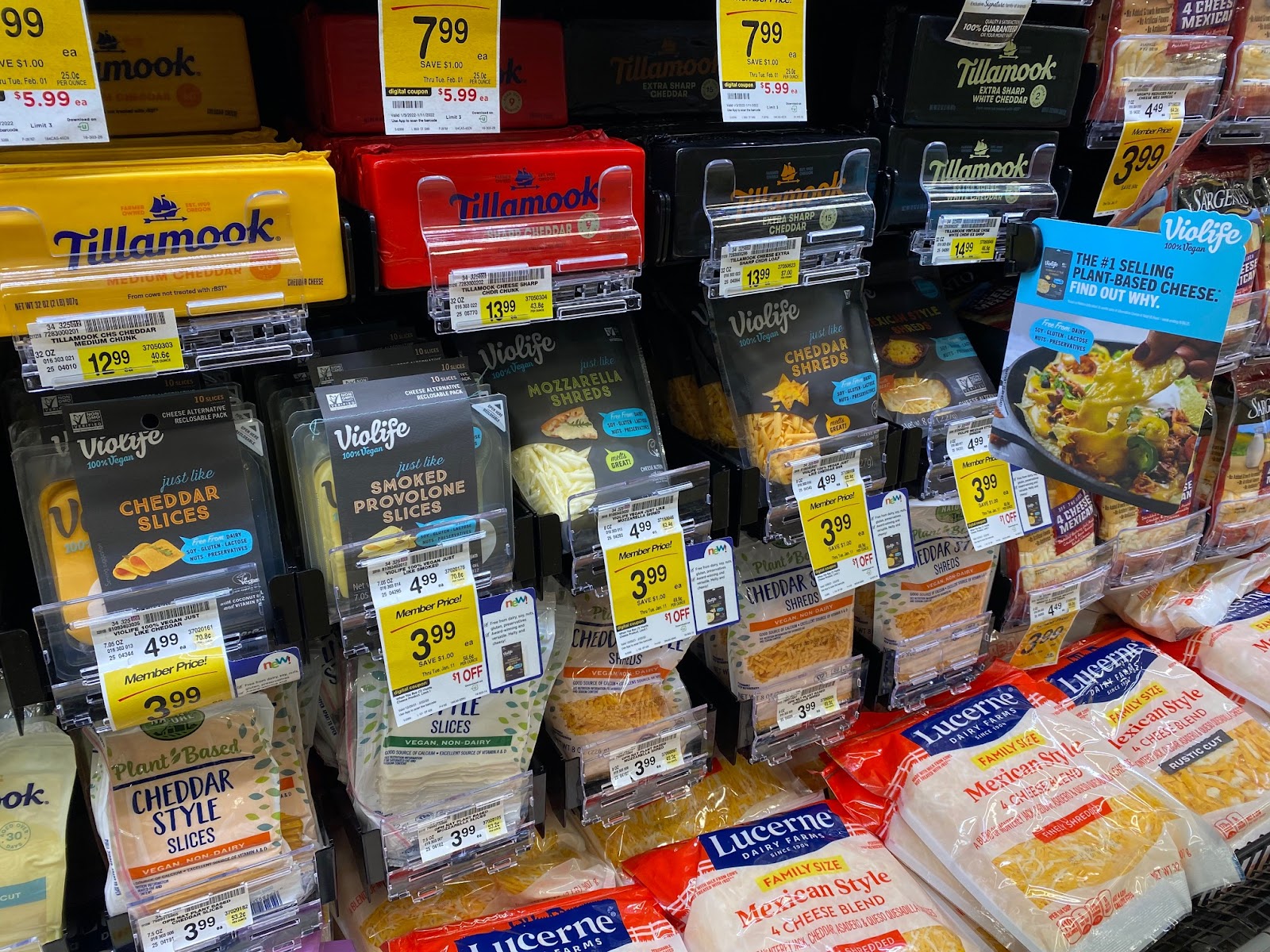 A close-up view of grocery store refrigerated shelf pusher trays stocked with packages of Violife and Open Nature plant-based cheese slices and shreds positioned alongside blocks of Tillamook dairy cheddar and bags of Lucerne shredded cheese. A blue Violife promotional sign on the right reads, "THE #1 SELLING PLANT-BASED CHEESE: FIND OUT WHY."