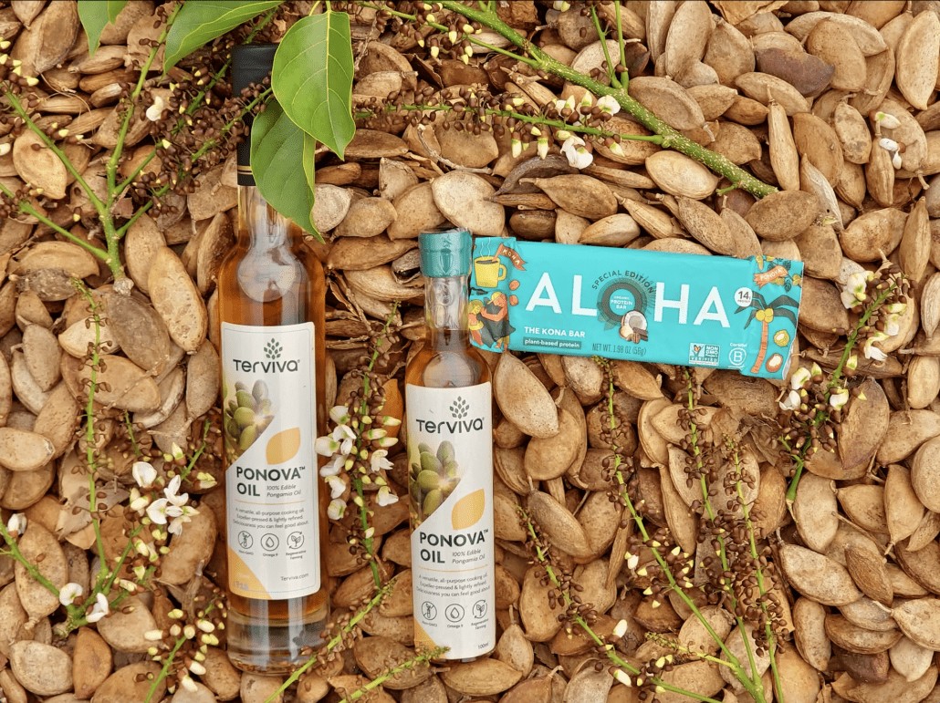 Ponova&trade; oil and the Aloha Kona Bar, both made using pongamia in a partnership between Terviva and Aloha