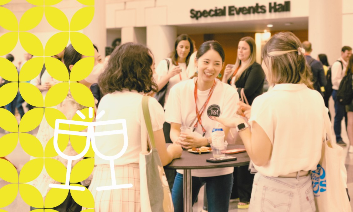 A group of people mingle and talk around a high-top table at a networking event outside a "Special Events Hall". In the foreground, a white line graphic of two clinking wine glasses is displayed next to a bold yellow geometric pattern on the left border.