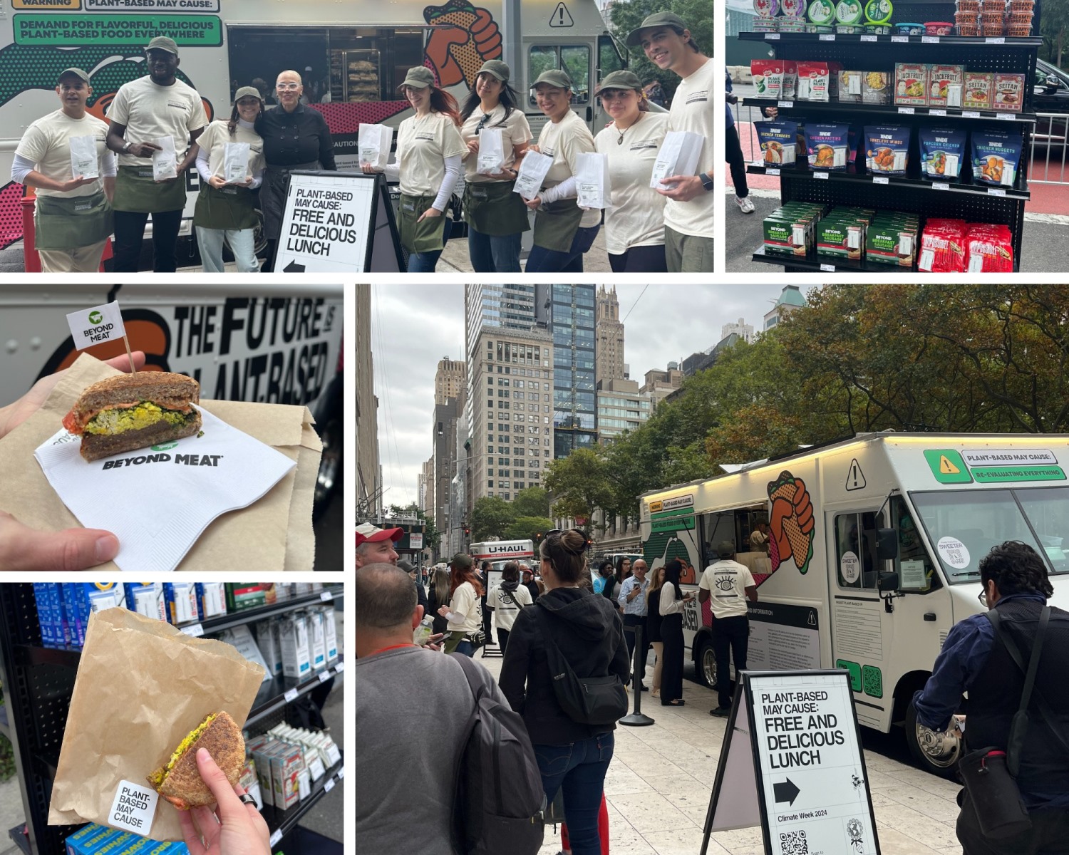 A collage of four photos detailing a plant-based promotional food truck event. The top-left photo shows a line of smiling event staff holding white sample bags behind a sign reading "PLANT-BASED MAY CAUSE: FREE AND DELICIOUS LUNCH". The top-right photo shows rows of packaged plant-based foods neatly arranged on retail shelves. The bottom-left photos highlight close-ups of a sampled sandwich wrapped in a Beyond Meat napkin and a brown paper bag with a "PLANT-BASED MAY CAUSE" sticker. The large bottom-right photo shows a crowd of people lined up along a city street next to a white food truck with a menu sign.