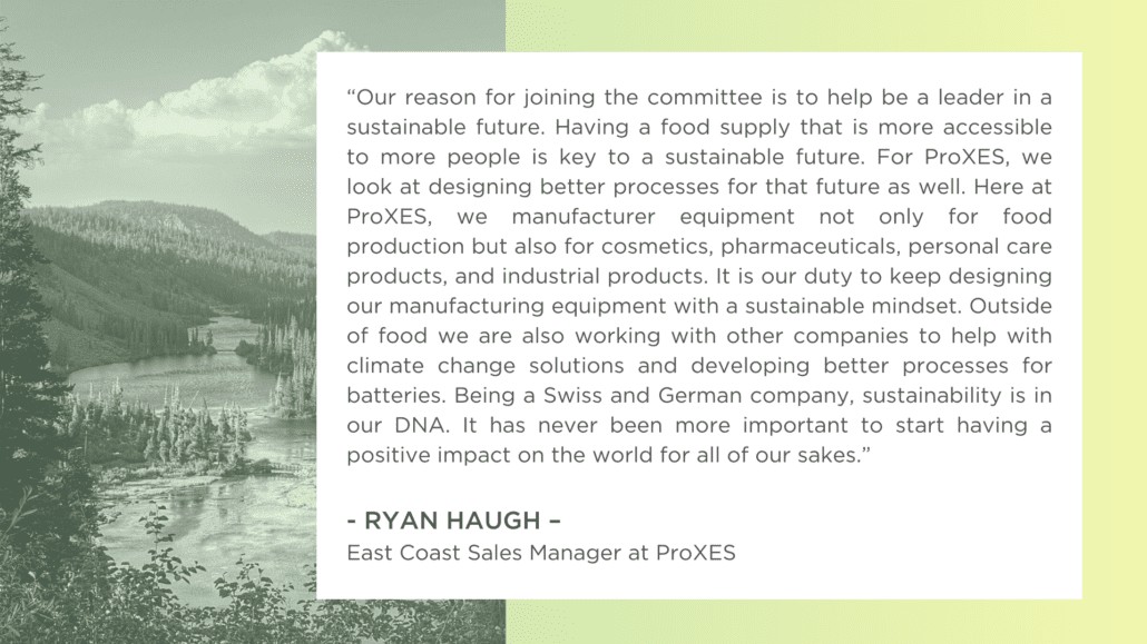 A digital testimonial card featuring a quote block from Ryan Haugh, East Coast Sales Manager at ProXES, emphasizing manufacturing with a sustainable mindset. The white text block is set against a split-screen background, with a soft yellow panel on the right and a desaturated green image of a winding river in a pine forest on the left.