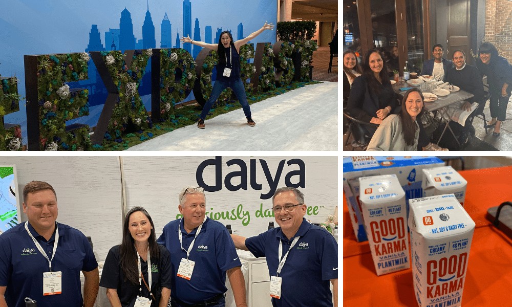 A four-quadrant collage of event photos. The top-left panel shows a woman celebrating in front of a massive "EXPO EAST" sign covered in greenery. The bottom-left panel features four people posing at a Daiya booth. The top-right panel shows a group dinner at a restaurant, and the bottom-right panel displays cartons of Good Karma Vanilla Plantmilk.