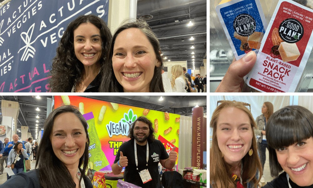 A four-quadrant collage of close-up event photos. The top-left panel shows a selfie of two smiling women in front of an Actual Veggies banner. The bottom-left panel shows a woman taking a selfie with a man giving two thumbs up at a Vegan Puffs booth. The top-right panel displays a hand holding Good Planet Plant-Based Snack Packs, and the bottom-right panel shows a selfie of two smiling women.